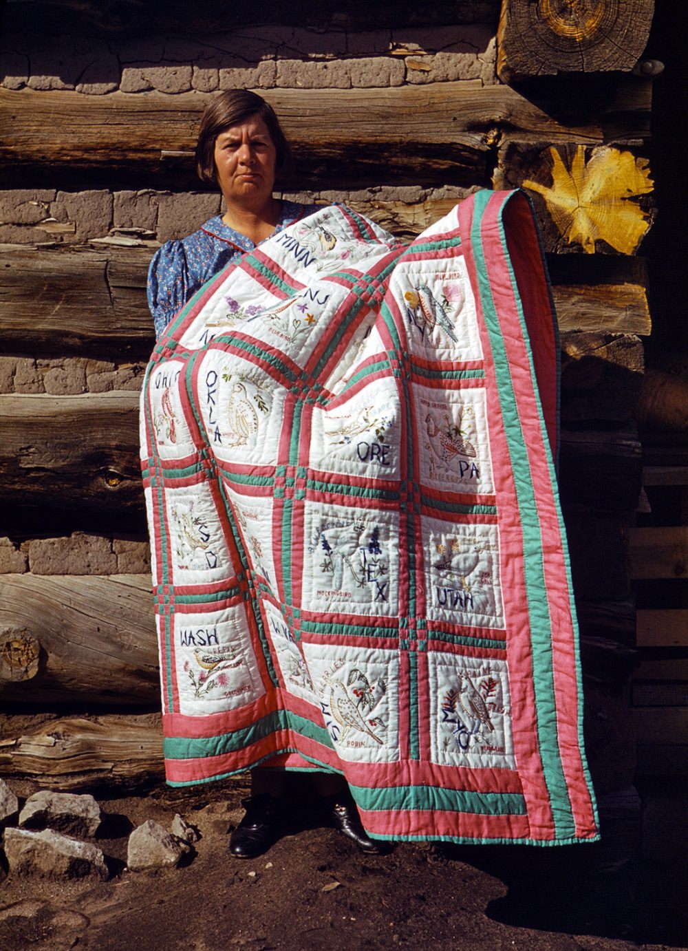 Mrs. Stagg helps her husband in the field with plowing, planting, weeding corn and harvesting beans. She quilts while she rests during the noon hour. Pie Town, N.M. October 1940.