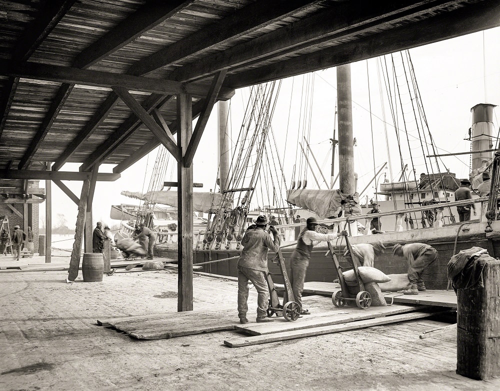 Savannah, Georgia, circa 1906. "Loading a phosphate schooner."