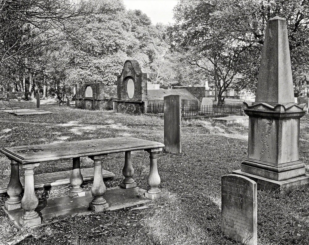 Stone monuments and brick vaults in Colonial Park, formerly South Broad Street Cemetery, Savannah, 1939
