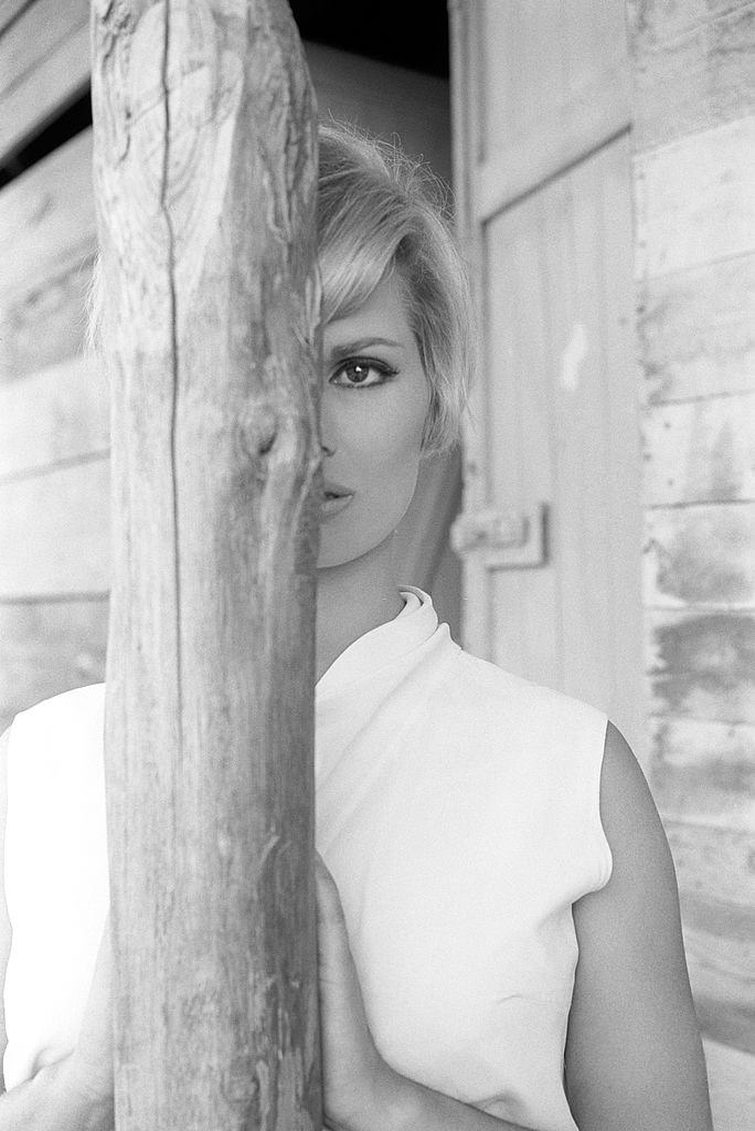 Scilla Gabel wearing a light colored blouse, 1965.