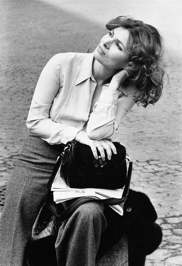 Scilla Gabel posing during a fashion photoshoot in Rome, 1970s