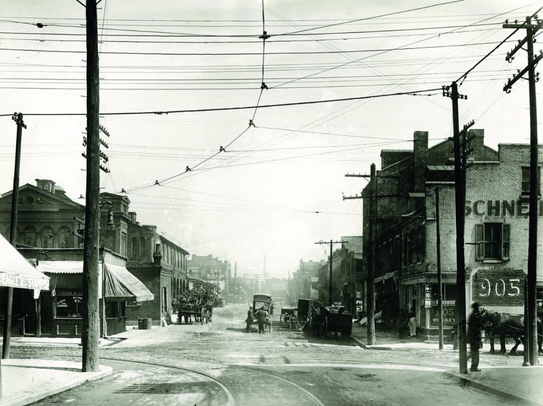 Intersection of Biddle and Thirteenth streets looking north, 1900