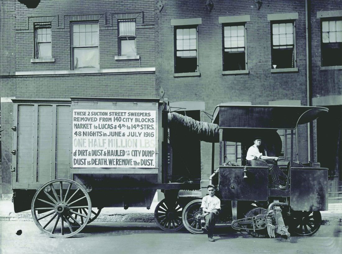 Street sweeper truck reading “Dust Is Death,” on an unidentified street in St. Louis, 1916