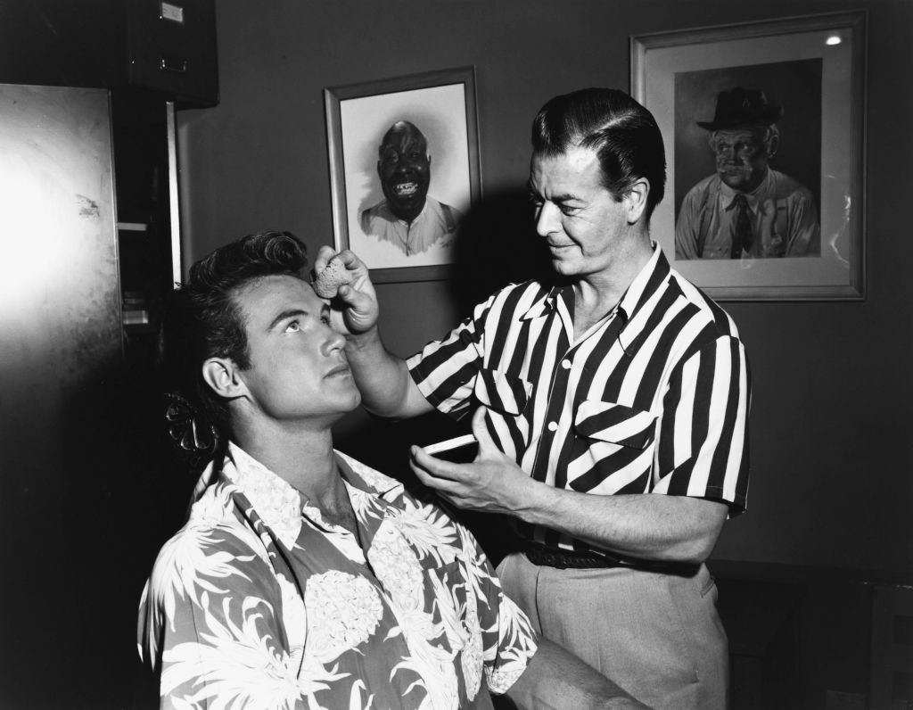 Steve Reeves in make-up room before his appearance on the 'Edward Allen Show', circa 1955