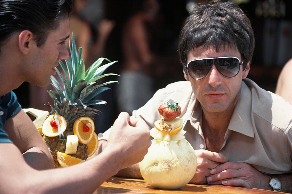 Al Pacino with Steven Bauer on the set of Scarface