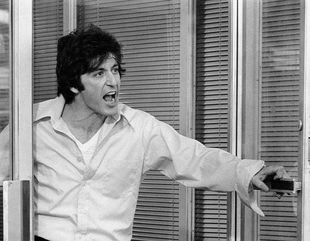 Al Pacino as Alfredo James Pacino, shouting in the bank doorway in a scene from the film Dog Day Afternoon. USA, 1975