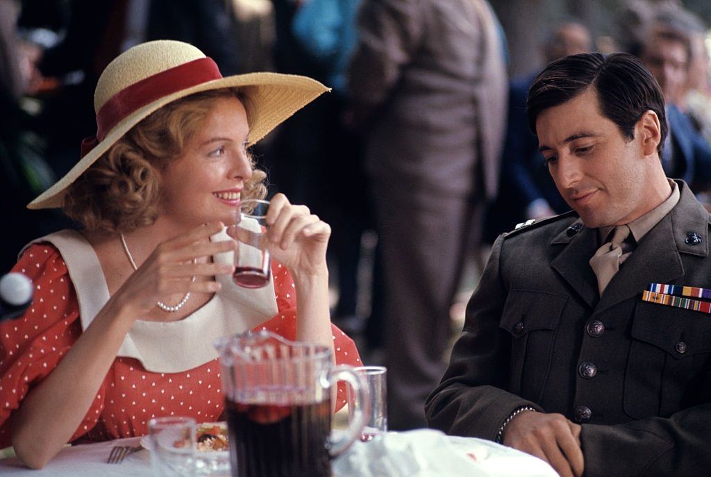 Al Pacino with Diane Keaton during the filming of 'The Godfather', 1972