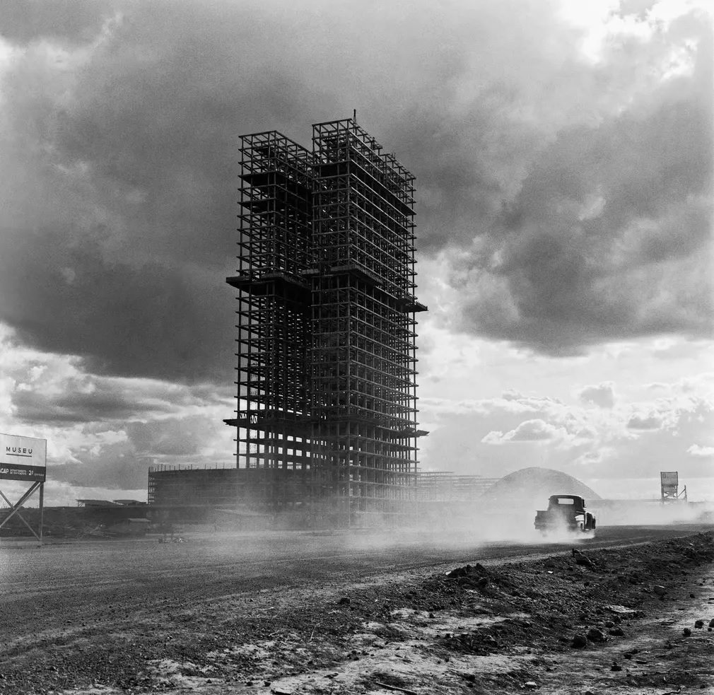 The National Congress Palace, designed by Oscar Niemeyer, under construction, Brasília, 1959