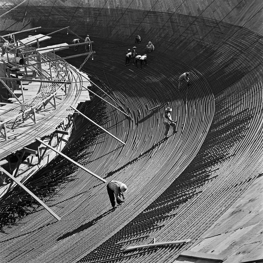 Construction workers build the National Congress Palace, Brazil, 1959