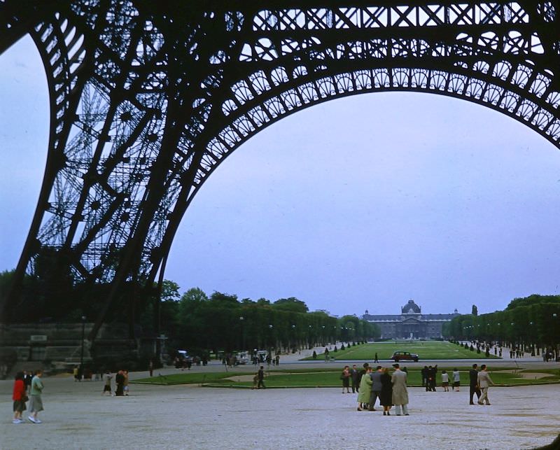View of Champs de Mars from under Eiffel Tower, May 29, 1950