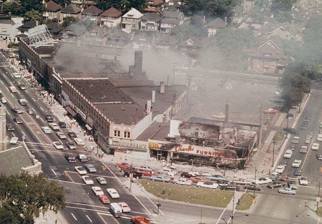 Aerial view of burnt out buildings and general destruction of shops and retail premises in Detroit , 1967