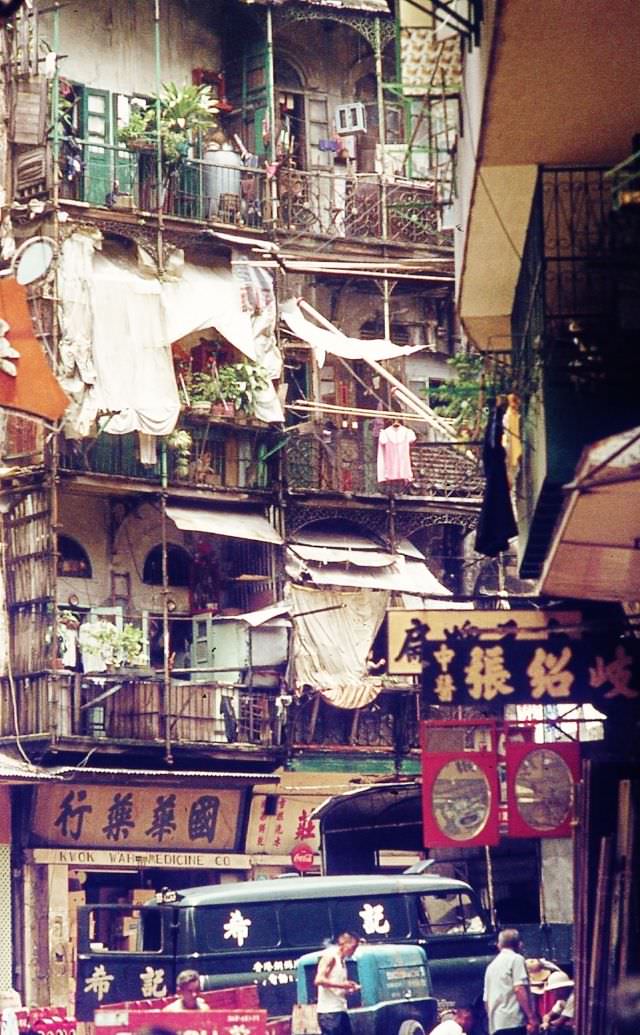 Crowded balconies, Hong Kong, 1970s