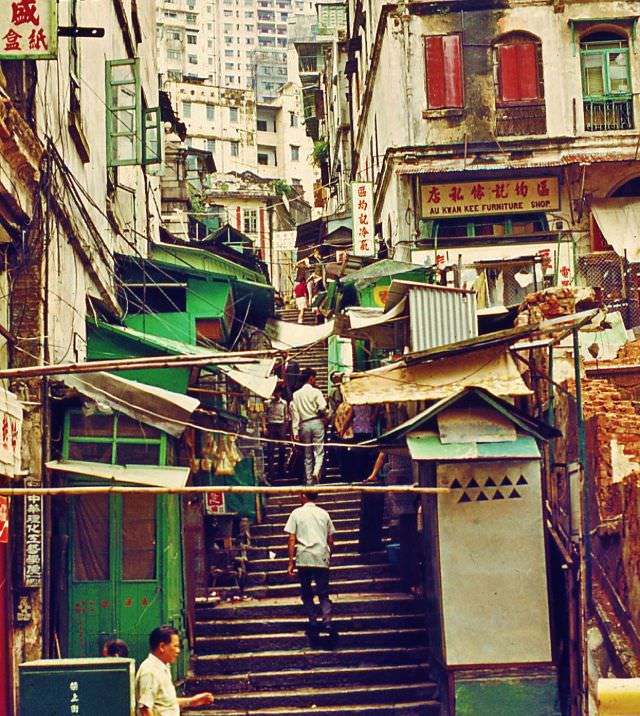 Shops and stalls around the Hollywood Road area of Hong Kong, 1970s