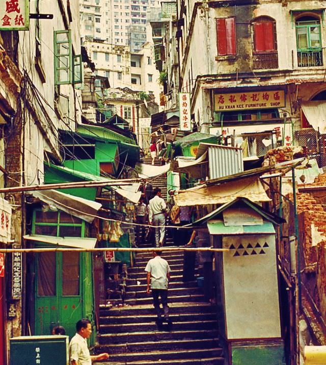 Shops and stalls around the Hollywood Road area of Hong Kong, 1970s