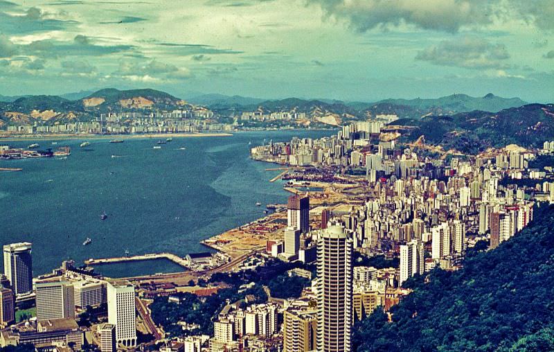 The north of Hong Kong Island with landfilled areas ready for building, 1970s