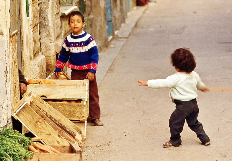 Old souk with a few oranges and carrots for sale, Tripoli, 1970s