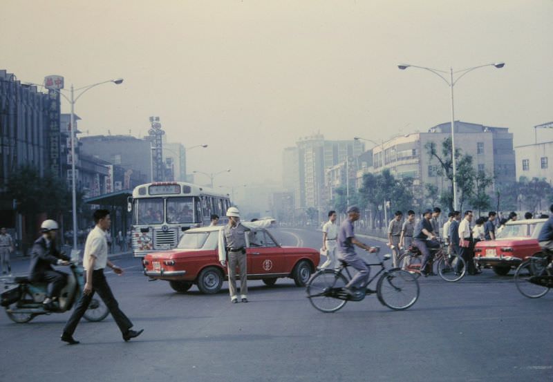 Chung Shan North Road with an MP directing traffic, Taipei, 1970s
