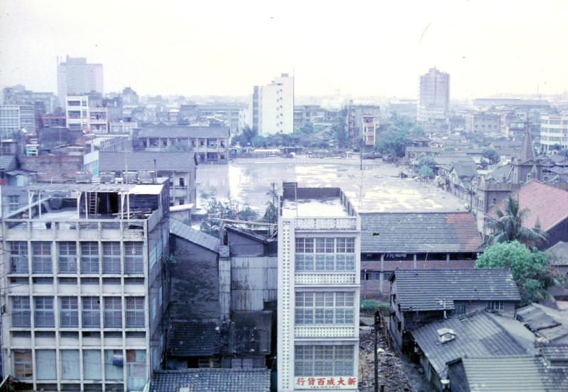Kaohsiung harbor area school yard after a rain, Taiwan, 1970s