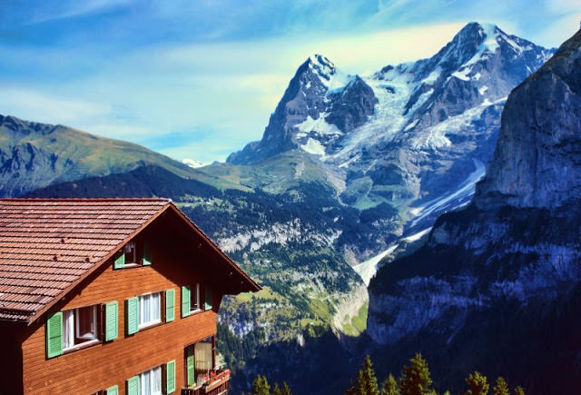 A view of the Eiger and Jungfrau mountain peaks from Mürren, Switzerland, 1980s