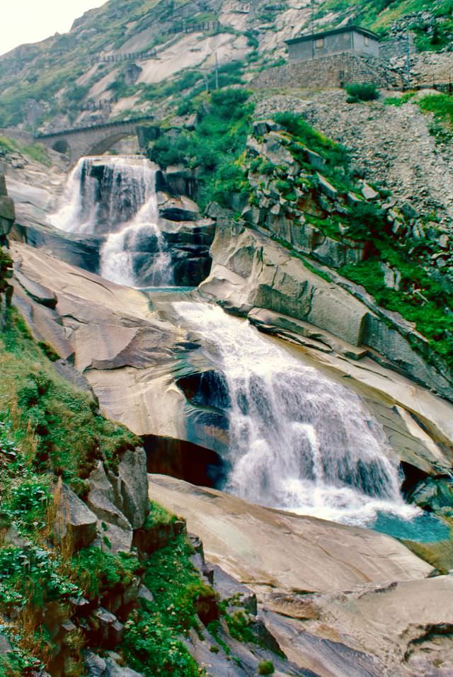 A waterfall in the Gotthard Pass, Switzerland, 1980s