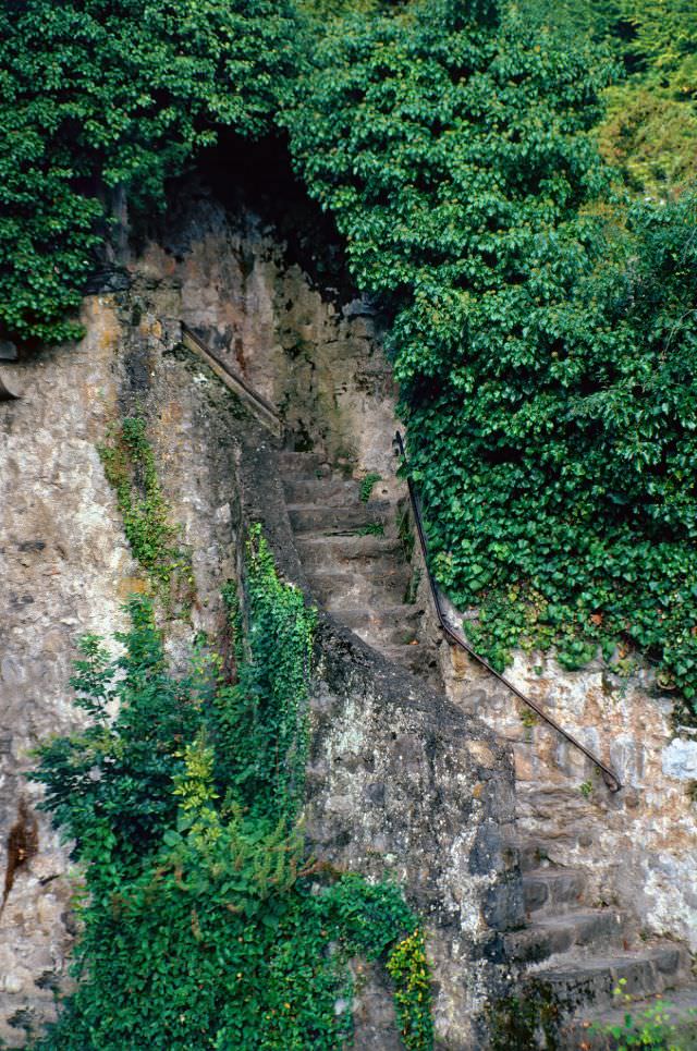 An old stairway that is off limits to visitors at Chillon Castle near Montreux, Switzerland, 1980s