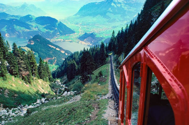 Coming down Mount Pilatus on the world's steepest cogwheel railway near Alpnachstad, Switzerland, 1980s