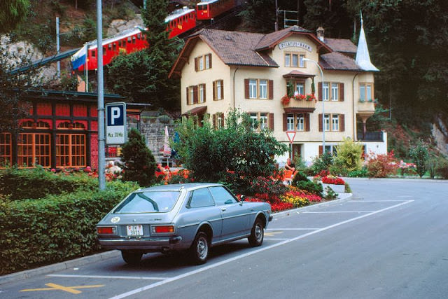 The station for the Pilatus cogwheel train in Alpnachstad, Switzerland, 1980s