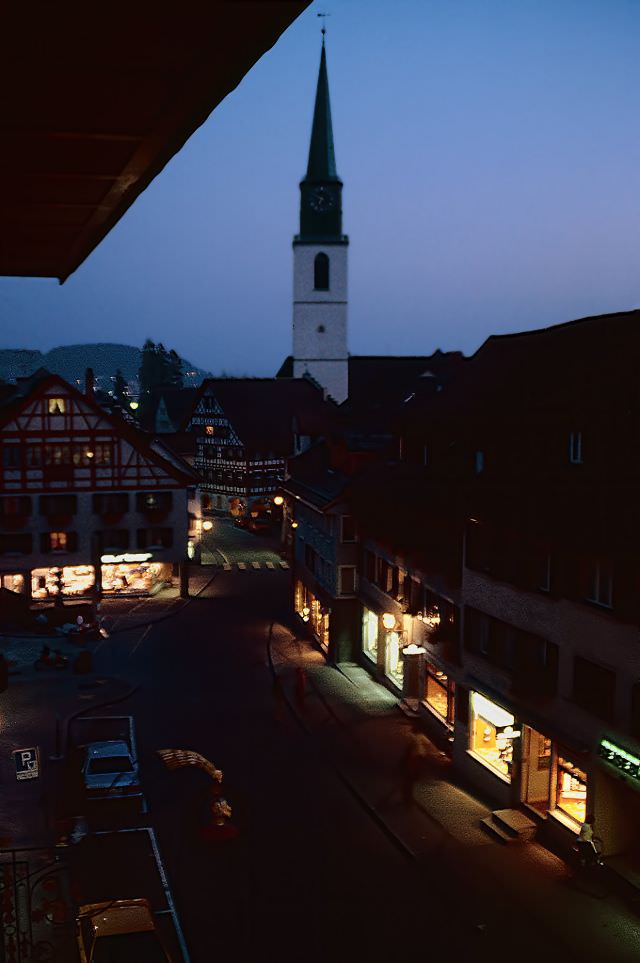 View from a hotel room in Hotel Restaurant zum Goldenen Kopf in Bülach, Switzerland, 1980s
