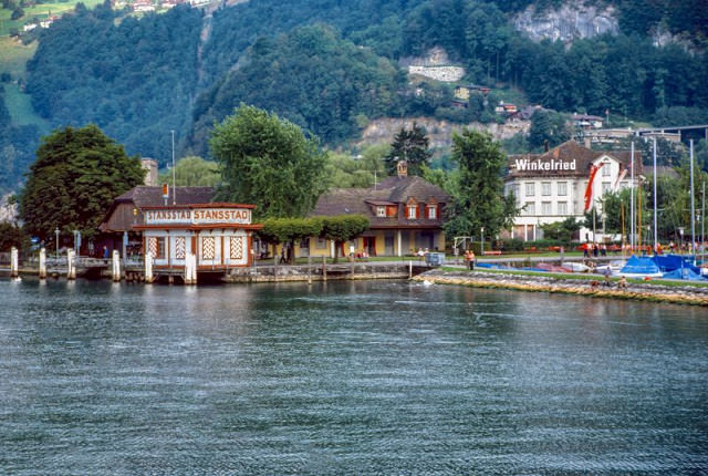 View from a lake steamer on one of the many stops between Alpnachstad and Luzern, Switzerland, 1980s