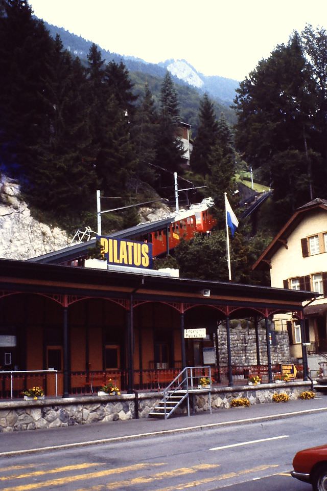 Alpnach with Mt. Pilatus rack railway, Lucerne, Switzerland, 1980s