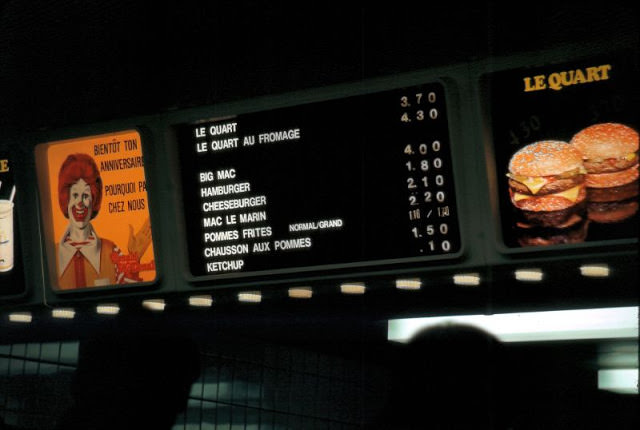 A menu display at a McDonald's in Lausanne, Switzerland, 1980s