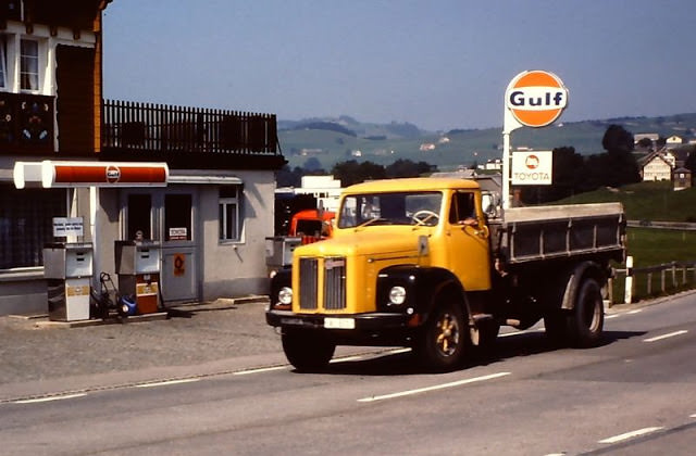 Scania dumper and Gulf petrol station near Appenzell, Switzerland, 1980s
