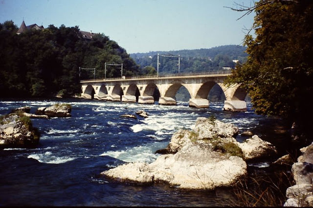 Rhine with railway-bridge near Rheinfall Schaffhausen, Switzerland, 1980s