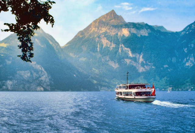 A ship leaving Tell's Chapel on Lake Luzern near Sisikon, Switzerland, 1980s