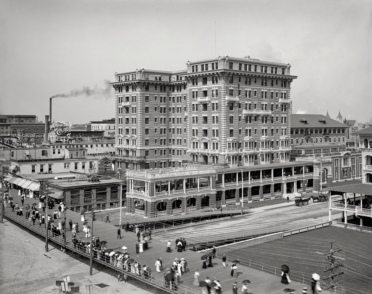 Boardwalk and Hotel Chalfonte, Atlantic City, New Jersey, 1904.