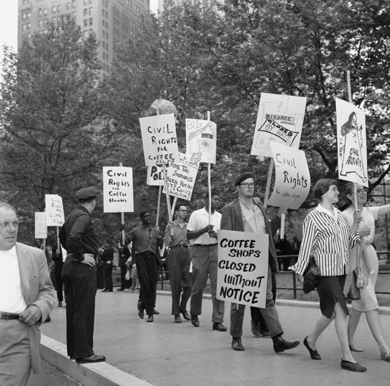 Beatniks protest in front of New York's City Hall in 1960 in response to closures of coffee shops.
