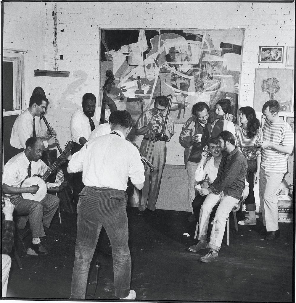 A jazz band plays at a 'Rent a Beatnik' party staged by Holiday magazine, New York, 1959