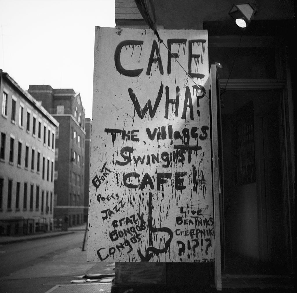 A spray-painted sign outside Greenwich Village's Cafe Wha, 1960