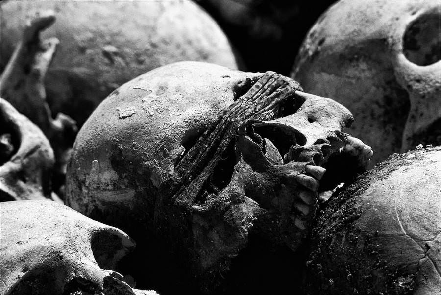 Skulls lie in the killing fields of Choeung Ek, 1981