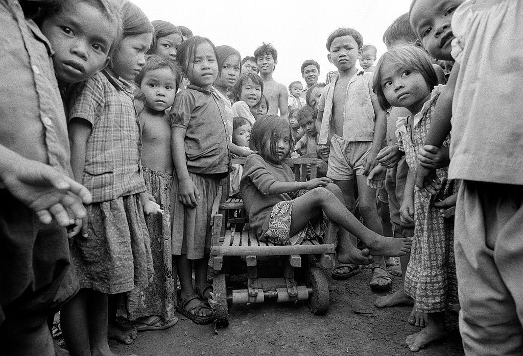 Cambodian refugee children in a refugee camp set up by the UNHCR in Thailand, near the border with Cambodia, 1987.
