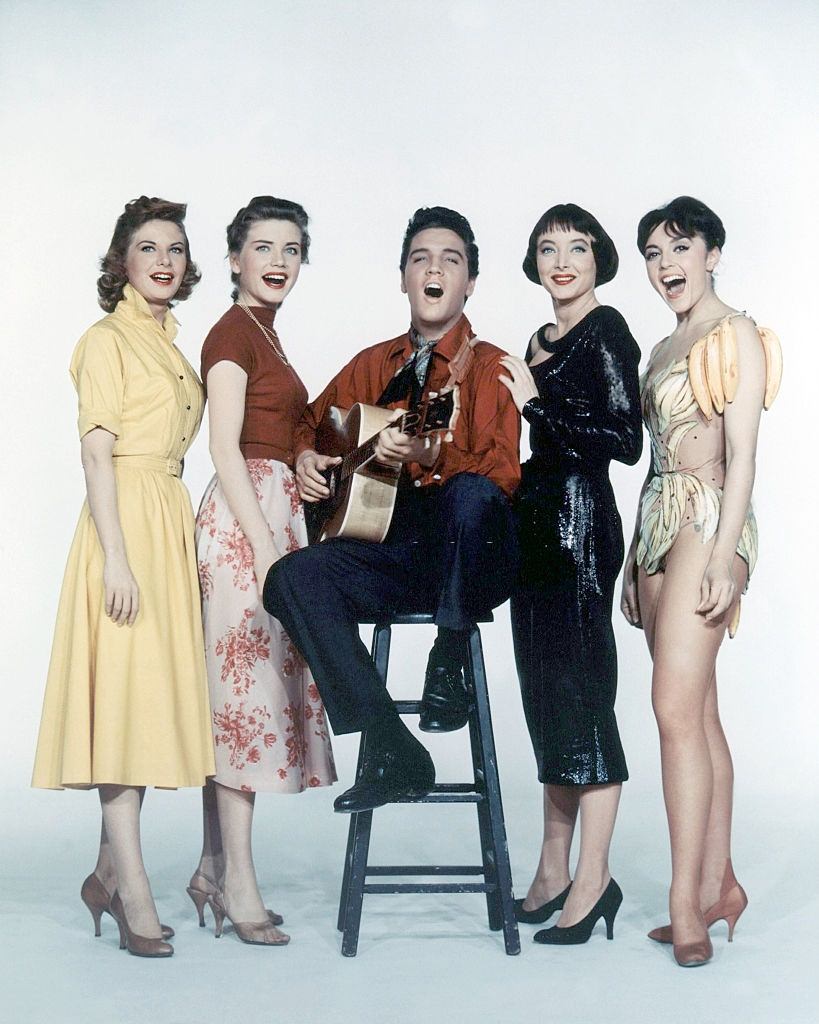 Dolores Hart with Elvis Presley, Jan Shepard, Carolyn Jones and Liliane Montevecchi on the set of King Creole, 1958