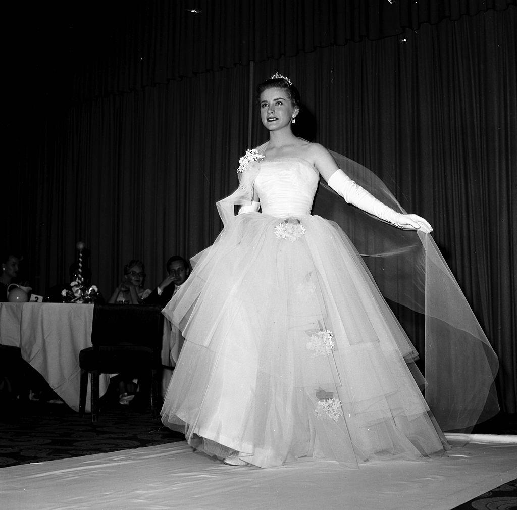 Dolores Hart in a wedding dress at Deb Star Ball in Los Angeles, 1957