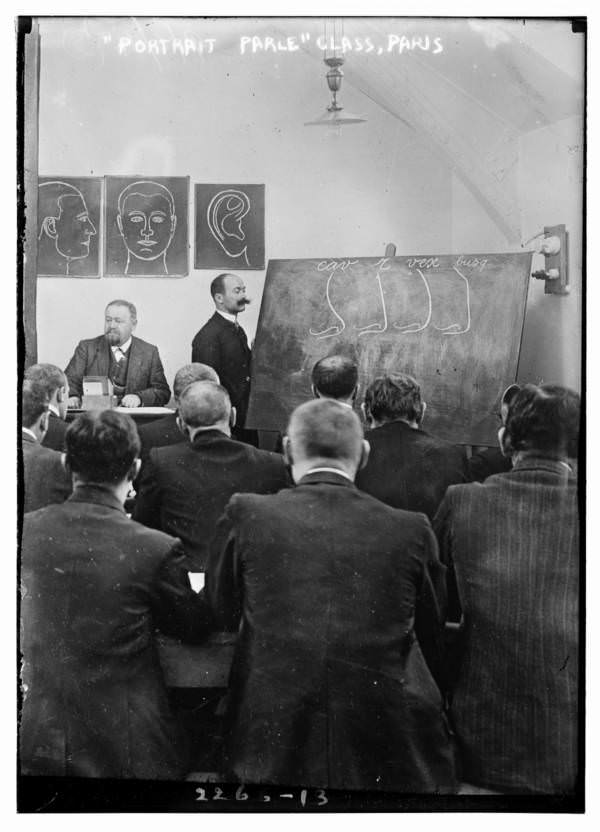 An anthropometry class learns about the different types of human noses, Paris, 1910s