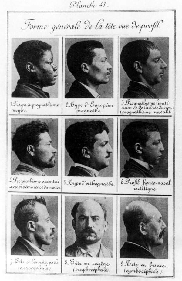 Portraits demonstrating the standard head shapes of "criminal types" of various races from France, 1914