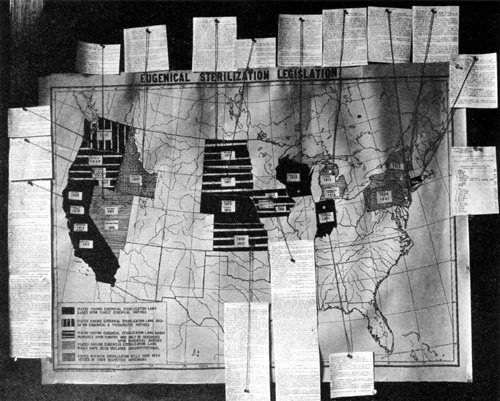 A map illustration revealing which states in the United States have laws condoning forced sterilization, New York. 1921.