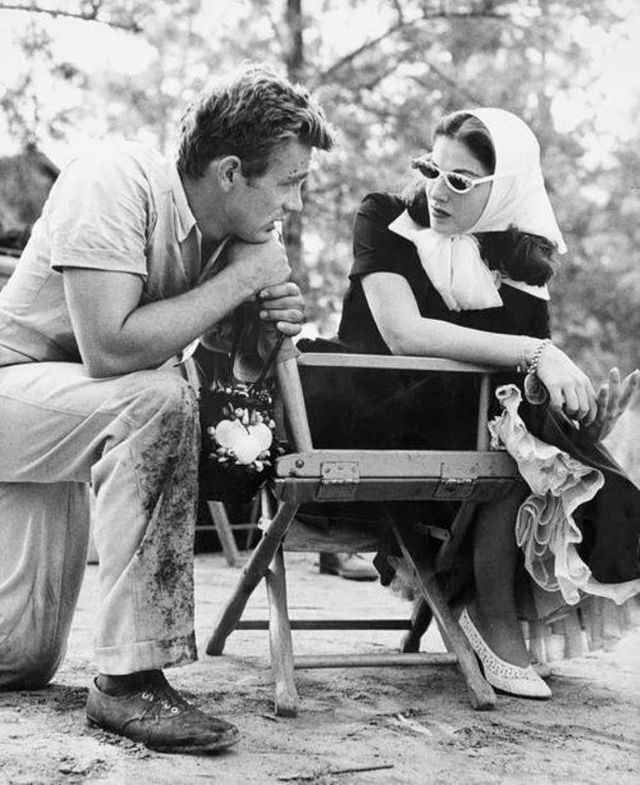 Pier Angeli with James Dean on set of 'East of Eden', 1954