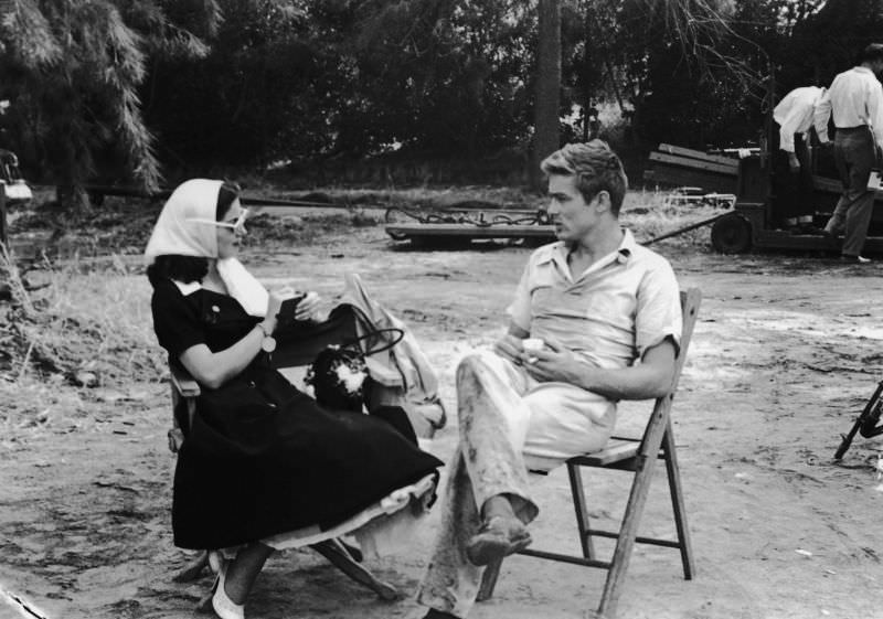 Pier Angeli with James Dean on set of 'East of Eden', 1954