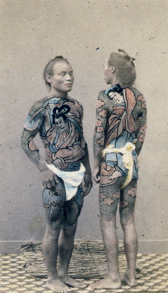 Japanese tattooed "bettoes" (horse grooms), 1870s