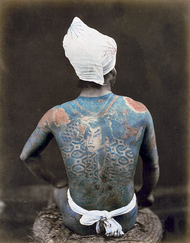 Japanese man with back tattoo Photographed by Felice Beato, 1880s