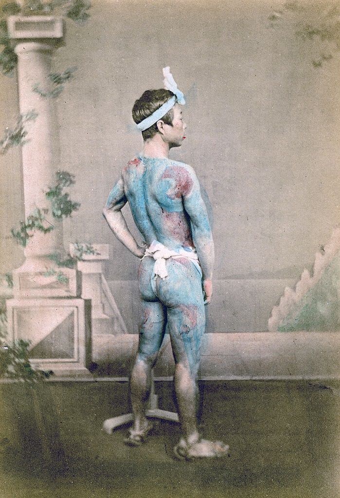 Japanese warrior or Samurai with body tattoos, 1885